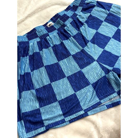 Bad Boys & Belles Blue Trendy Checkered Crinkle Shorts Size L Elastic Waist - Picture 3 of 6